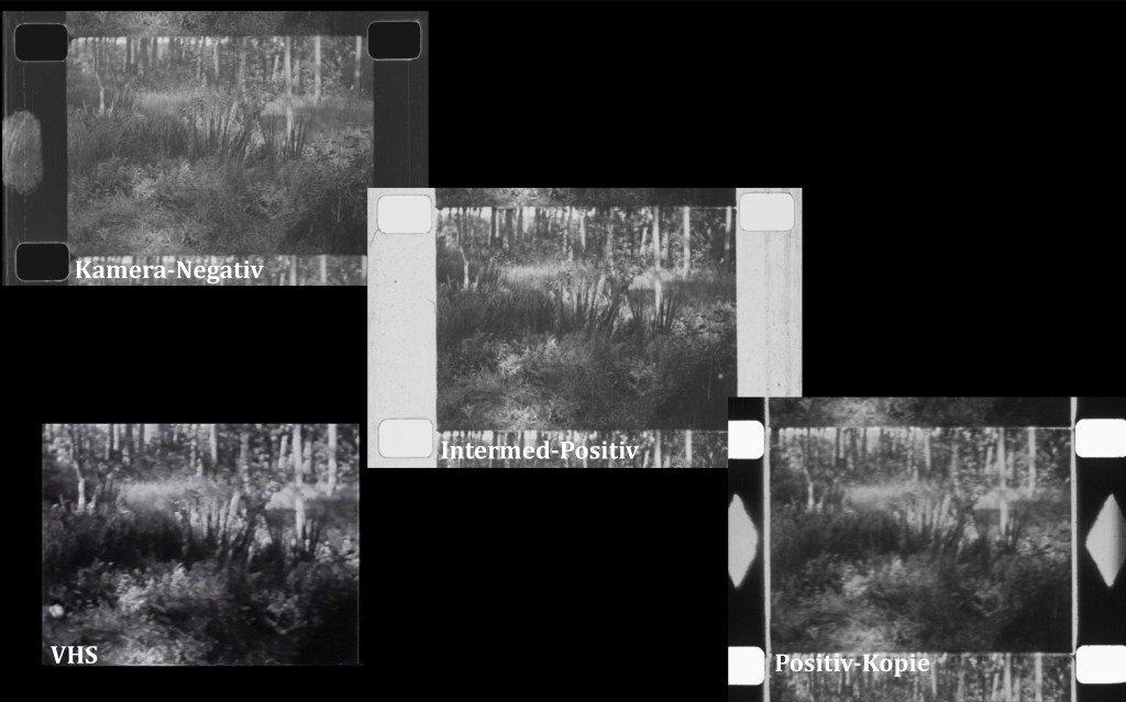Vergleich eines Kamera-Negativs, Intermed-Positivs und der Positiv-Kopie des selben Filmbildes aus dem Jahr 1932 (Kopie 1933) sowie einer VHS-Kopie von 1991. Szene aus "Das Kalte Herz" (1933) von Karl Ulrich Schnabel. (c) Ann Mottier-Schnabel / Raff Fluri
